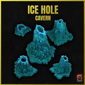 May include: Five blue and green ice cave formations, each with a hole at the top. The text "ICE HOLE CAVERNS" is at the top of the image.