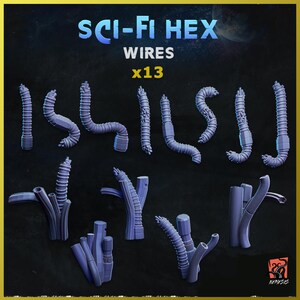 May include: A set of 13 purple and blue plastic sci-fi hex wires. The wires are in various shapes and sizes, and they are all made of a textured plastic. The wires are labeled "Sci-Fi Hex Wires x13".