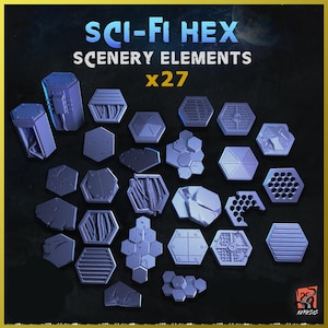 May include: A set of 27 sci-fi hex scenery elements for tabletop gaming. The elements are made of a light blue plastic and feature a variety of designs, including grids, pipes, and geometric shapes.