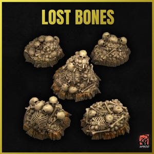 Puede incluir: Cinco montones de huesos y cráneos, pintados en un color beige claro, están dispuestos sobre un fondo negro. Los montones son de varios tamaños y formas, y algunos tienen algunos huesos sobresaliendo. El texto "LOST BONES" está escrito en letras grandes, negritas y doradas en la parte superior de la imagen.