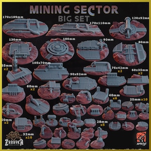 May include: A collection of gray miniature mining sector models on red terrain bases. The set includes various structures, pipes, and platforms, with sizes ranging from 25mm to 170mm. The text "MINING SECTOR BIG SET" is displayed at the top.