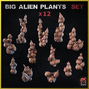 Peut inclure: Un ensemble de 12 sculptures de plantes extraterrestres grandes et détaillées. Les plantes sont faites d'un matériau brun clair et ont une variété de formes et de tailles. L'ensemble est étiqueté "BIG ALIEN PLANTS SET x12".
