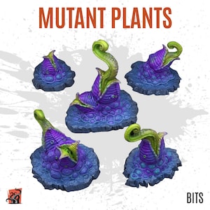 May include: Five miniature purple and green mutant plants with textured bases. The plants are on a white background with the words "MUTANT PLANTS" and "BITS" in the top right and bottom right corners.