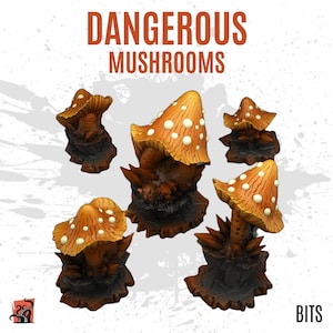 Puede incluir: Una colección de figuras de hongos naranjas y blancos con bases de color marrón oscuro. El texto "DANGEROUS MUSHROOMS" se muestra en la parte superior. La palabra "BITS" está en la esquina inferior derecha.