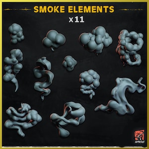 May include: Eleven different smoke elements in various shapes and sizes, rendered in a 3D style. The smoke is a light grey colour and appears to be floating in a dark grey background. The text "SMOKE ELEMENTS x11" is displayed at the top of the image.