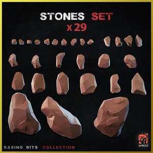 Pode incluir: Um conjunto de 29 pedras marrons, cinzas e bege em vários formatos e tamanhos. As pedras estão dispostas em filas sobre um fundo preto. O texto "STONES SET x29" está na parte superior da imagem. O texto "BASING BITS COLLECTION" está na parte inferior da imagem.