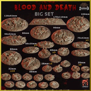 May include: A set of 10 different sized round resin bases featuring a blood and death theme. The bases are painted in a realistic style with a variety of poses of fallen figures. The bases range in size from 25mm to 170mm. The set includes the text "BLOOD AND DEATH BIG SET".