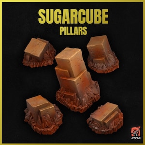 May include: Five brown sugar cube pillars with a rough, textured surface. The pillars are arranged in a cluster on a black background. The text "SUGARCUBE PILLARS" is displayed above the pillars.