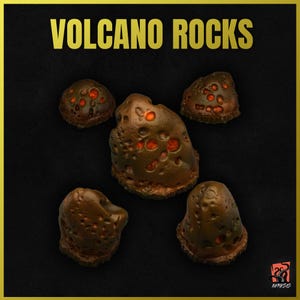 Puede incluir: Cinco rocas volcánicas de color marrón oscuro con interiores naranjas incandescentes. Las rocas están dispuestas sobre un fondo negro. El texto "VOLCANO ROCKS" se muestra en letras doradas en la parte superior de la imagen.