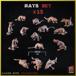 May include: A set of 15 unpainted plastic rat miniatures for tabletop gaming. The set includes 12 standing rats and 3 dead rats. The rats are in various poses, including running, standing, and lying down. The set is labeled "Rats Set x15" and "Dead x3".