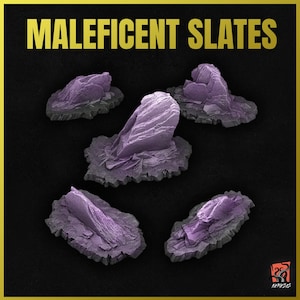 May include: Five purple and gray rock formations on a black background. The rocks are textured and have a rough, jagged appearance. The text "MALIFICENT SLATES" is displayed in gold letters at the top of the image.