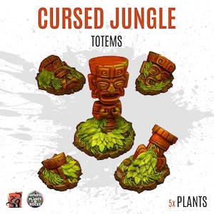 Peut inclure: Cinq totems orange et marron avec du feuillage vert, intitulés "Cursed Jungle Totems". Les totems présentent des visages sculptés et reposent sur des bases rocheuses. Le texte "5x PLANTS" est également inclus.