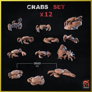 Peut inclure: Un ensemble de 12 figurines miniatures de crabes, dont 3 crabes morts. Les crabes sont peints dans une couleur réaliste brun et beige. L'ensemble est étiqueté "Crabs Set x12" et "Dead x3".
