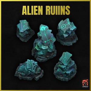 Puede incluir: Cinco piezas de terreno en miniatura de ruinas alienígenas de color verde azulado y gris con símbolos verdes brillantes. Las piezas están hechas de resina y están diseñadas para juegos de mesa.