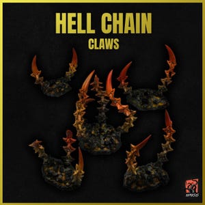 May include: Five black and orange claws with sharp points. The claws are arranged in a circle on a black background. The text "HELL CHAIN CLAWS" is written in gold letters at the top of the image.