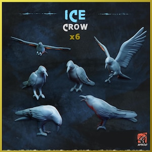 Puede incluir: Seis figuras de cuervo de plástico gris en varias poses, incluyendo volando, posadas y mirando hacia abajo. El texto "ICE CROW x6" está impreso en blanco sobre un fondo negro.