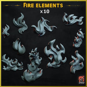 May include: Ten abstract fire element shapes in a grey colour. The shapes are stylised and resemble flames. The image is labelled "FIRE ELEMENTS x 10".