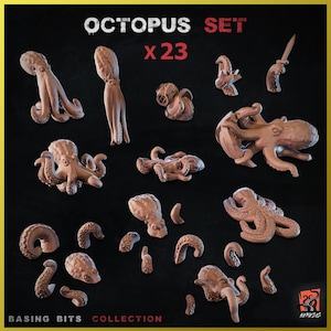 May include: A set of 23 brown resin octopus miniatures for tabletop gaming. The set includes various poses and sizes of octopus, including some with tentacles wrapped around treasure chests and swords. The set is labeled "Octopus Set x23".