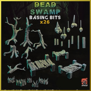 May include: A set of 26 Dead Swamp basing bits for tabletop gaming. The set includes wooden planks, tree stumps, branches, and skulls. The pieces are painted in shades of green, brown, and grey.