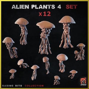 Puede incluir: Un conjunto de doce esculturas de plantas alienígenas marrones. Cada planta tiene una tapa en forma de hongo y un tallo texturizado en forma de tentáculo. El texto "ALIEN PLANTS 4 SET x12" está en la parte superior.