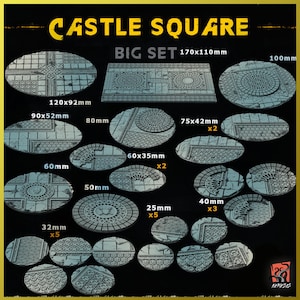 May include: A selection of grey, stone-textured bases for miniature figures, in various shapes and sizes. The set includes a large rectangular base measuring 170x110mm, and smaller circular and oval bases ranging from 2.5cm to 12cm x 9.2cm. The text "CASTLE SQUARE" is at the top.