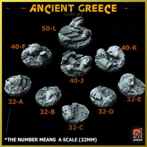 May include: A set of 10 resin miniature bases for tabletop games, featuring various sculpted details inspired by ancient Greek mythology. The bases are available in two sizes: 32mm and 40mm, and 50mm. The bases are painted in a grey colour.