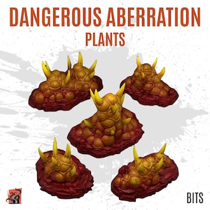 Puede incluir: Cinco esculturas en miniatura, de color marrón rojizo, con forma de planta y púas amarillas. El texto "DANGEROUS ABERRATION PLANTS" está en la parte superior. La palabra "BITS" está en la esquina inferior derecha.