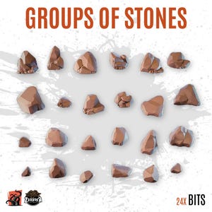 Puede incluir: Un conjunto de 24 miniaturas de piedras marrones de diferentes formas. El texto "GROUPS OF STONES" está en la parte superior y "24x BITS" en la inferior. El logotipo de Zabaka está en la esquina inferior izquierda.