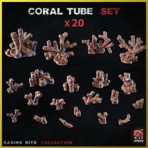 May include: A set of twenty coral tube models in various shapes and sizes, in a light brown color. The text "CORAL TUBE SET x20" is displayed at the top. The words "BASING BITS COLLECTION" are at the bottom.