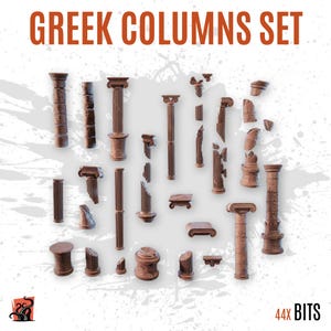 May include: A set of 44 brown miniature Greek columns and architectural fragments. The collection includes various intact pillars, broken column segments, bases, and capitals with fluted and smooth textures, labeled as GREEK COLUMNS SET and 44X BITS.