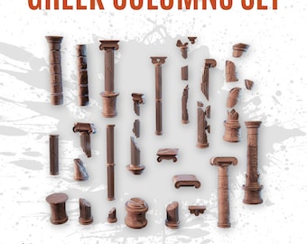 May include: A set of 44 brown miniature Greek columns and architectural fragments. The collection includes various intact pillars, broken column segments, bases, and capitals with fluted and smooth textures, labeled as GREEK COLUMNS SET and 44X BITS.