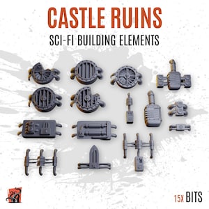 May include: A set of 15 grey plastic miniature building components labeled CASTLE RUINS SCI-FI BUILDING ELEMENTS. The collection includes circular vents, rectangular panels, pipes, and mechanical structures with intricate industrial details.
