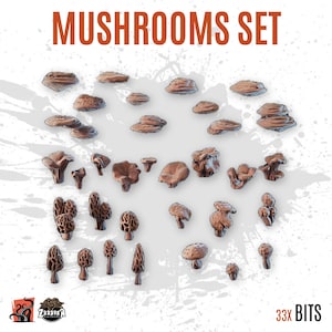 Può includere: Una collezione di 33 modelli di funghi marroni di varie forme, tra cui spugnole e finferli. Il testo "MUSHROOMS SET" è visualizzato in alto in arancione, con "33x BITS" in basso a destra. Sono mostrate diverse forme di funghi.