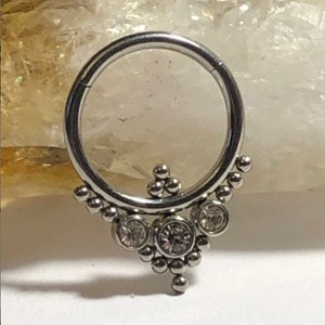Triple CZ Medical Grade Titanium Hinged Septum Ring (1.2mm x 8mm)
