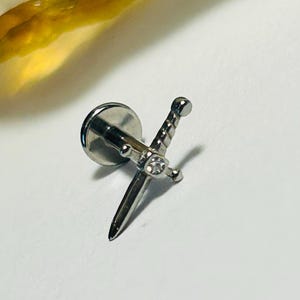 Mini Jewelled Dagger Labret Stud - Clear CZ Labret Stud - Internally Threaded - 316L Surgical Steel - 1.2mm - 16g