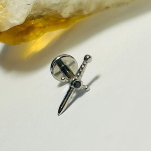 Mini Jewelled Dagger Labret Stud - Black CZ Labret Stud - Internally Threaded - 316L Surgical Steel - 1.2mm - 16g