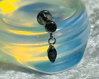 Titanium Labret Stud: Bezel Set Black CZ Gem, Marquise Dropper (16g)