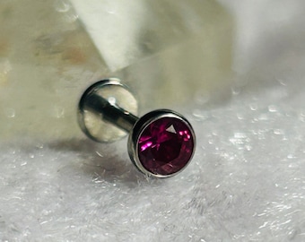 Threadless Labret Stud With 4mm Bezel Set Fuchsia Pink CZ Gemstone - ASTM:F136 Titanium