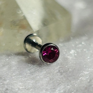 Threadless Labret Stud With 4mm Bezel Set Fuchsia Pink CZ Gemstone - ASTM:F136 Titanium
