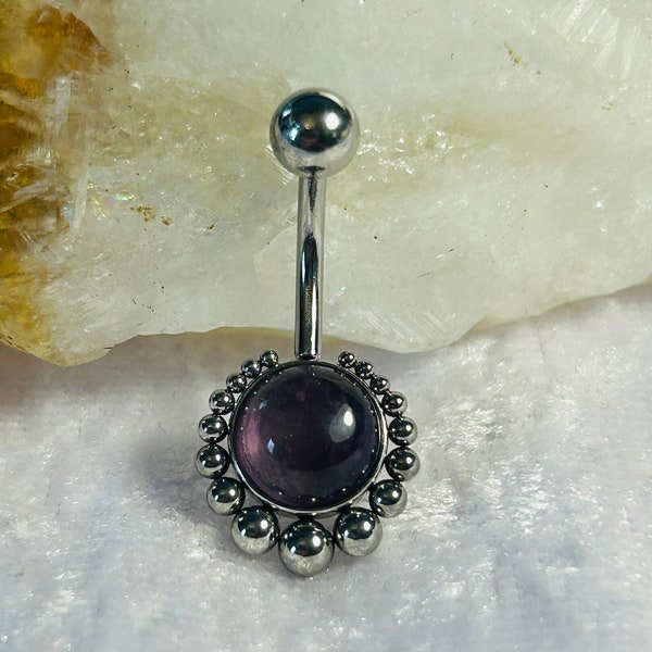 Amethyst Cabochon Belly Bar With Graduated Ball Edge - 316L Surgical Steel - 1.6mm x 10mm - 14g - Amethyst Body Piercing Jewellery