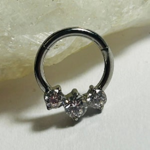 Hinged Ring With Triple CZ Crystal Gems - Medical Grade Titanium - Septum or Cartilage Body Piercing Jewellery 1.2mm x 8mm