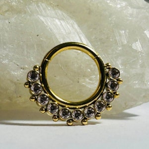 Hinged Ring With Front Facing Light Pink Gems - Zircon Gold Titanium Hinged Septum Cartilage Ring 1.2mm x 8mm - ASTM:F-136 Titanium