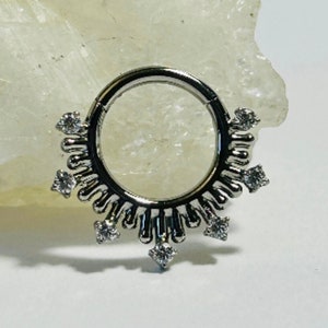 Spiked CZ Medical Grade Titanium Clicker Ring: Septum, Cartilage Piercing (1.2mm x 8mm)
