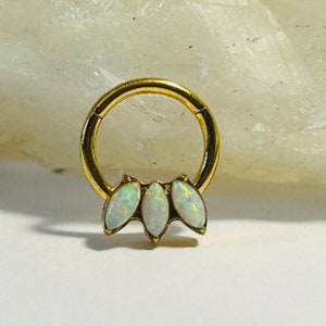 Hinged Ring With Triple Marquise White Opals - Zircon Gold Titanium Hinged Septum or Cartilage Ring 1.2mm x 8mm