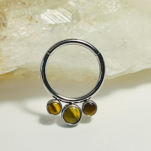 Titanium Hinged Ring With Triple Tigers Eye Gemstones - Medical Grade Titanium - Septum or Cartilage Body Piercing Jewellery 1.2mm - 10mm