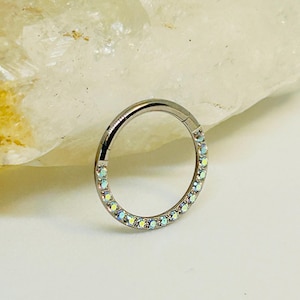 Hinged Clicker Ring With Front Facing AB Aurora Borealis CZ Crystals Medical Grade Titanium Septum or Cartilage Body Jewellery 1.2mm x 10mm