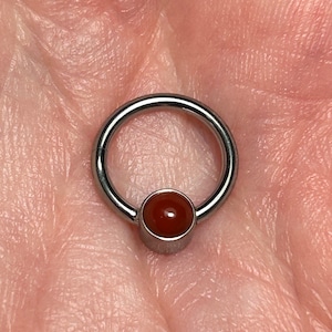 Medical Grade Titanium ASTM:F-136 Hinged Ring With 4mm Flat Back Bezel Set Red Agate Gemstone - 1.2mm - 16G Septum or Daith