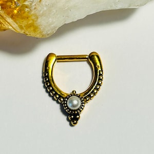 Gold Steel Hinged Clicker Ring With Faux Pearl - 316L Surgical Steel Cartilage or Septum Piercing - 1.2mm x 8mm