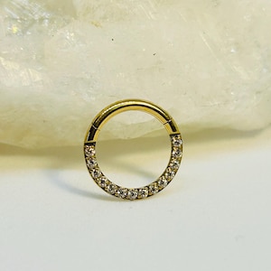 Zircon Gold Titanium Front Facing Pave Gems Hinged Ring -  ASTM:F-136 Medical Grade Titanium - Septum or Cartilage Ring
