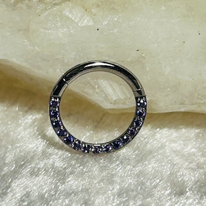 Hinged Clicker Ring With Front Facing Purple CZ Crystals - Medical Grade Titanium - Septum or Cartilage Body Piercing Jewellery 1.2mm x 8mm